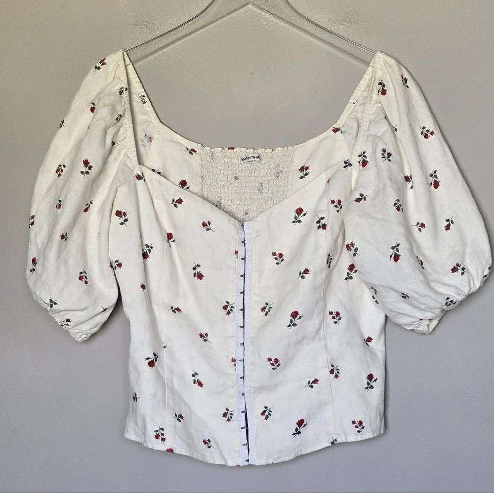 Reformation Romi White Floral Puff Sleeve Corset Linen Cottagecore Milkmaid Top